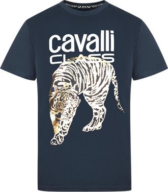 Cavalli Mens Large Gold Tiger Stencil Logo Navy T-Shirt - Blue Cotton - Size X-Large