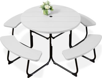 Best Choice Products 8-Person Circular Outdoor Picnic Table w/ 4 Benches, Umbrella Hole, 2000lb Capacity