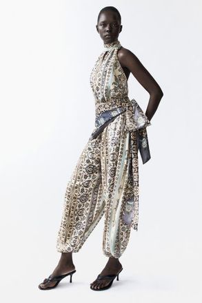 H&M Tie-detail Halterneck Jumpsuit in Beige/floral at Nordstrom, Size X-Large