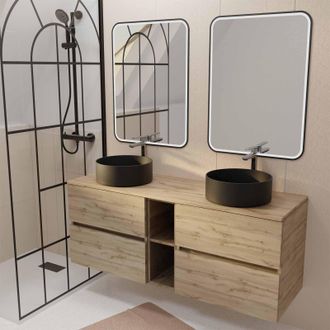 Aurlane Aurlane - Mueble De Ba&ntilde;o 140 Roble - 4 Cajones - Lavabos Negros - Espejos Led 60x80