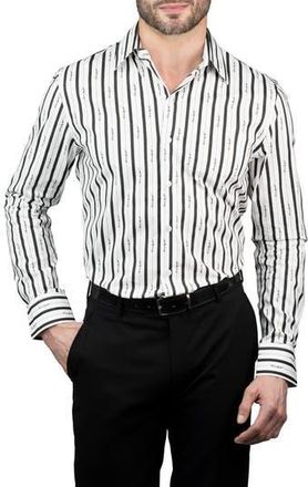 Karl Lagerfeld Trim Fit Logo Stripe Print Cotton Dress Shirt in White/Black at Nordstrom Rack, Size 15.5