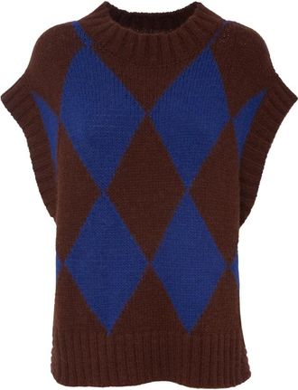 La DoubleJ Argyle Gilet - Dames - Ronde hals truien - Blauw - L - Wol - Truien & Vesten
