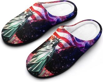 Generic Ea-gles Wings Firework U.S. Flag Mens Soft Cotton Slippers with Memory Foam Anti-skid House Shoes for Travel Indoor Outdoor