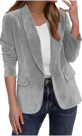 Generic Faux Suede Blazer for Women Casual Fashion Lapel Collar Open Front Cardigan Blazer Suit Ladies Dressy One Button Loose Fit Solid Color Suit Jacket Lon