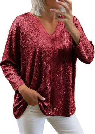Generic KUIH Seuqin Tops Womens Sparkly Blouses Baggy Long Sleeve Tunic Tops Loose V Neck Blouses Top Holiday Ladies Glitter Tops Oversized T-Shirts Elegant S