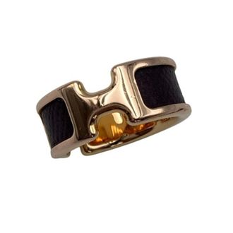 Herm&egrave;s Dark Brown Yellow Leather Metal Band Ring (Pre-Owned)