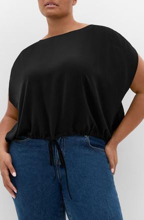 City Chic Elise Ruched Sleeve Drawstring Waist Top in Black at Nordstrom, Size Xxxs