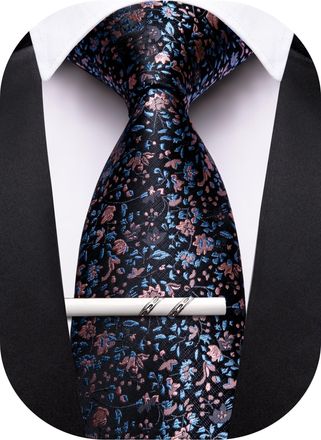 Barry.Wang Floral Ties for Men Necktie and Tie Clip Wedding Business Flower Solid Color Formal, Black Pink, One Size