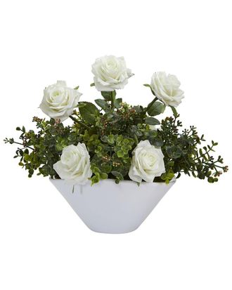 Nearly Natural Roses & Eucalyptus Artificial Arrangement in White Vase