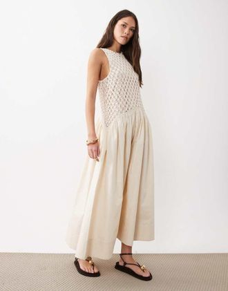 Asos Vestito lungo in macram&egrave; &eacute;cru con vita scesa e gonna in popeline-Neutro