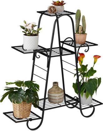 Relaxdays Relaxdays - Plant Stand Metal, for 7 Potted Plants, Flower Rack Indoor, Outdoor, HxWxD 83 x 75 x 24 cm, Tiered, Black
