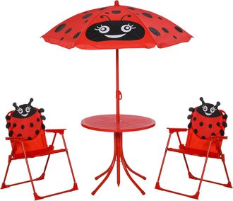 OUTSUNNY Conjunto De Muebles De Jard&iacute;n Infantiles De 4 Piezas, Dise&ntilde;o De Mariquita: Mesa Redonda + 2 Sillas Plegables + Sombrilla - Metal Oxford Rojo Con Reves