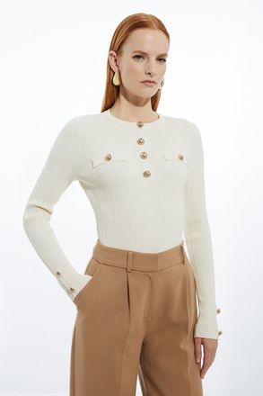 Karen Millen Womens Military Trim Rib Long Sleeve Knit Top - Cream Polyamide - Size X-Small