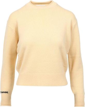 Sportmax Geribbelde wollen trui met Franse schouder - Dames - Ronde hals truien - Beige - XS - Wol - Truien & Vesten
