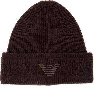 Emporio Armani Brown Beanie With Maxi Logo Embroidery On The Front In Wool Man