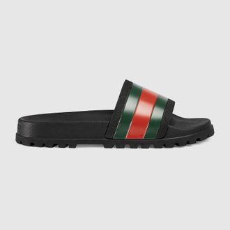 Gucci Mens Slide Sandal With Web, Green, Rubber