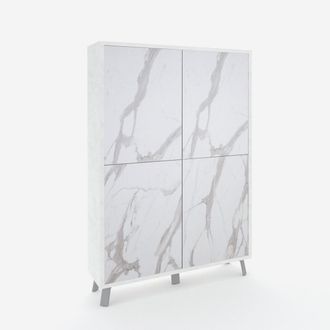 Aqa Credenza Alta Moderna A 4 Ante Per Soggiorno Velbruk - Effetto Marmo Bianco