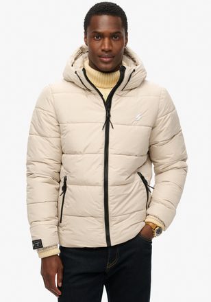 Superdry Steppjacke SUPERDRY HOODED SPORTS PUFFR JACKET, Herren, Gr. XXL, beige (pelican beige), Web, Obermaterial: 100% Polyester, unifarben, slim fit, elasti