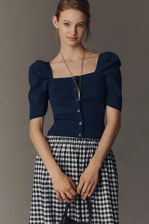 Maeve Square-Neck Puff-Sleeve Cardigan Sweater