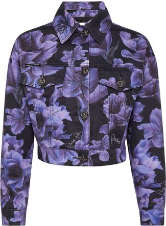 Philipp Plein floral-print cropped denim jacket - women - Cotton/Polyester - M - Black