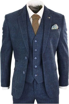 House of Cavani Carnegi 3 Piece Navy Blue Suit Check Tweed
