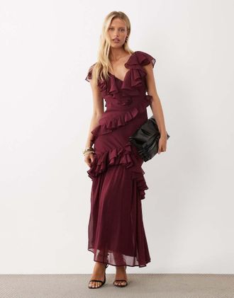 Asos vestito midaxi con dettaglio volant in prugna-Viola