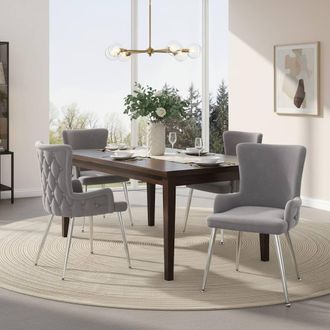 Merax Set of 4 Upholstered Wingback Dining Chair with Metal Legs in Grey