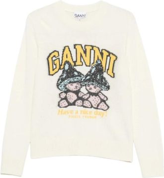 Ganni Logo Intarsia Sweater - Dames - Ronde hals truien - Wit - XS - Wol - Truien & Vesten