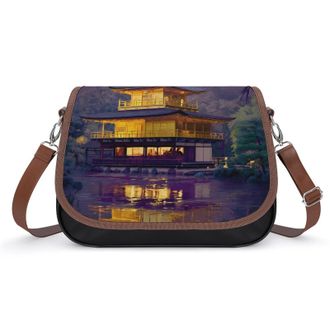 Generic Japanese Temple at Twilight with Mount Fuji Womens Crossbody Bag Fashion Shoulder Handbags Message Tote Bag with Adjustable Strap