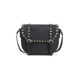 Valentino Garavani Black Calf Leather Rockstud Small Messenger Shoulder Bag-Donna