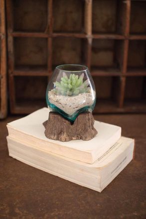 Kalalou Blown Glass Bowl On Driftwood Base - Small