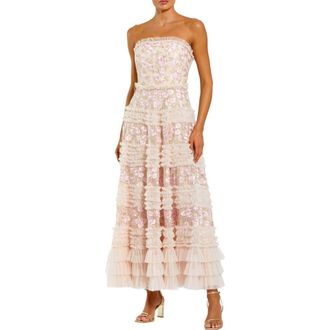 Mac Duggal Floral Embroidered Strapless Ruffle Midi Dress in Blush Multi at Nordstrom, Size 12