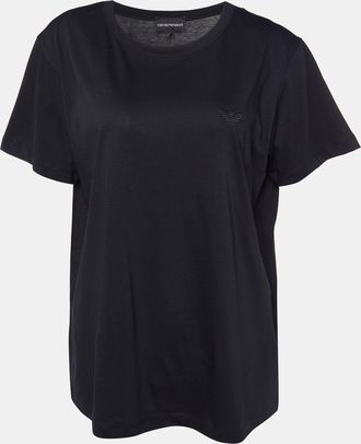 Emporio Armani Black Velour Pattern Cotton Knit T-Shirt