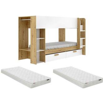 Vente-Unique Letto a castello 2 x 90 x 200 cm con contenitori e armadio Bianco e naturale + Materasso - OSANA