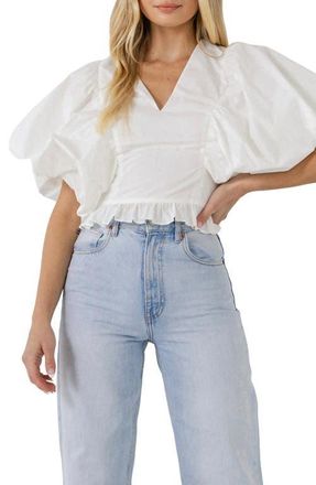 endless rose Puff Sleeve Cotton Crop Top in White at Nordstrom, Size X-Small