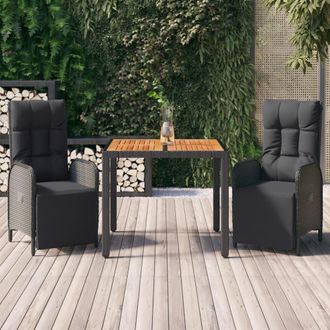 vidaXL Set Comedor De Jard&iacute;n 3 Pzas Con Cojines Rat&aacute;n Sint&eacute;tico Negro Vidaxl