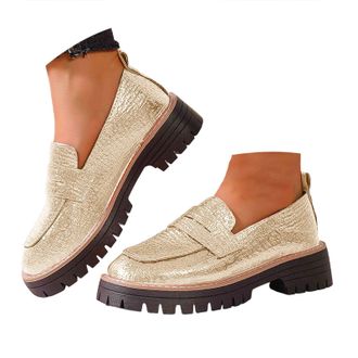 Generic Womens Lug Sole Chunky Loafer Platform Comfortable Slip-On Dressy Business Casual Work Shoes Fashion Round Toe Leather Loafers for Women Lightweight L