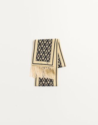 Valentino Garavani Toute La V Bandeau Scarf In Silk With Fringes Man CREAM/BLACK UNI
