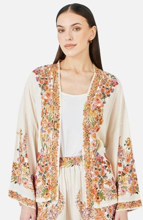 Yumi Viscose Floral Border Belted Cover-Up in Ivory at Nordstrom, Size Medium