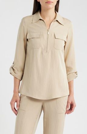 Anne Klein Long Sleeve Half Zip Pullover in Safari at Nordstrom, Size X-Large
