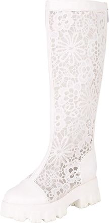 Generic Women Mid Calf Boots Spring and Summer Fashionable Pattern Mesh Boots Comfortable Thick Thick Heel Square Heel Women Wide Calf Boots Size 12 (White, 6