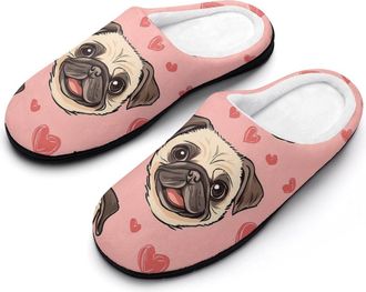 Generic Pug Dogs Head And Love Heart Mens Slippers Slip On Comfortable Fleece Cotton House Shoes Winter