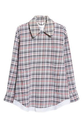 Victoria Beckham Relaxed Plaid Cotton & Virgin Wool Cocoon Shacket in White/Blue/Red at Nordstrom, Size X-Small