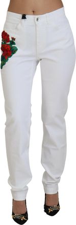 Dolce & Gabbana Witte Bloemstof Borduursel Skinny Denim Damesjeans