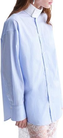 Mango Stand Collar Poplin Button-Up Shirt in Sky Blue at Nordstrom, Size 6
