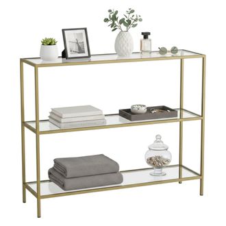 Dmora Consola Elara, Mesa Multiusos, Gabinete De Soporte, Escritorio De Pasillo, 100x30h85 Cm, Oro, Con Embalaje Reforzado - Dmora