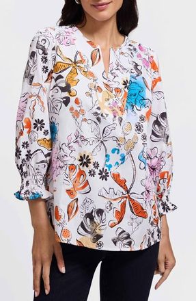 Foxcroft Alicia Floral Cotton Popover Top in Orange Multi at Nordstrom, Size X-Small