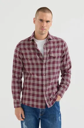 Brunello Cucinelli Cotton and lyocell tartan flannel western shirt in Blueberry at Nordstrom, Size Medium