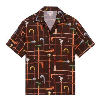 Dr&ocirc;le de Monsieur Short Sleeve Shirts, male, Brown, Size: XS Cannes Print Viscose Short Sleeve Shirt