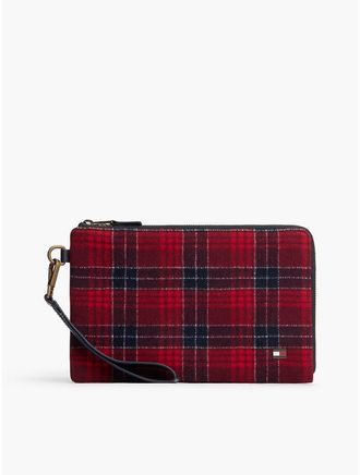 Tommy Hilfiger Mens Plaid Wool-Blend Zip Wristlet - Check Medium Red/Space Blue